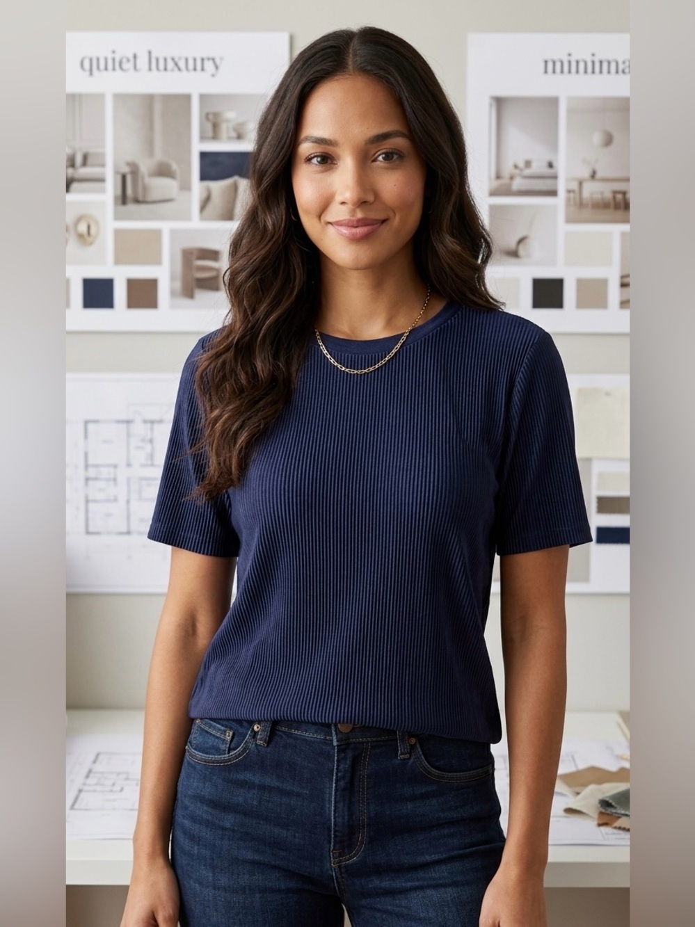 Jaclyn Smith Collection navy Ribbed Knit Crewneck Short Sleeve Top, Size S